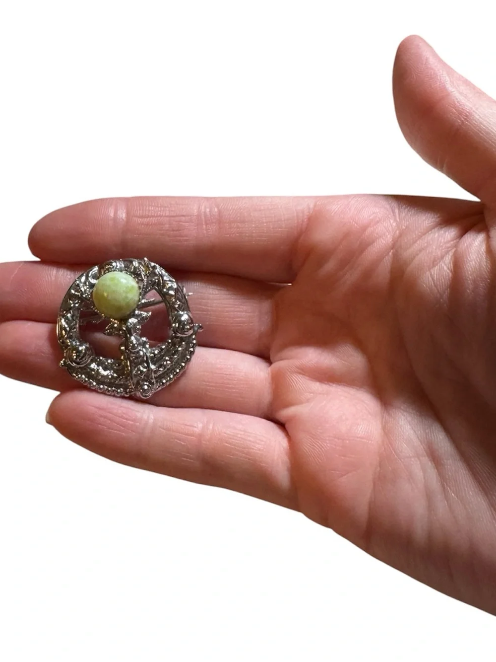 Silver Tone Brooch with Pale Green Cabochon